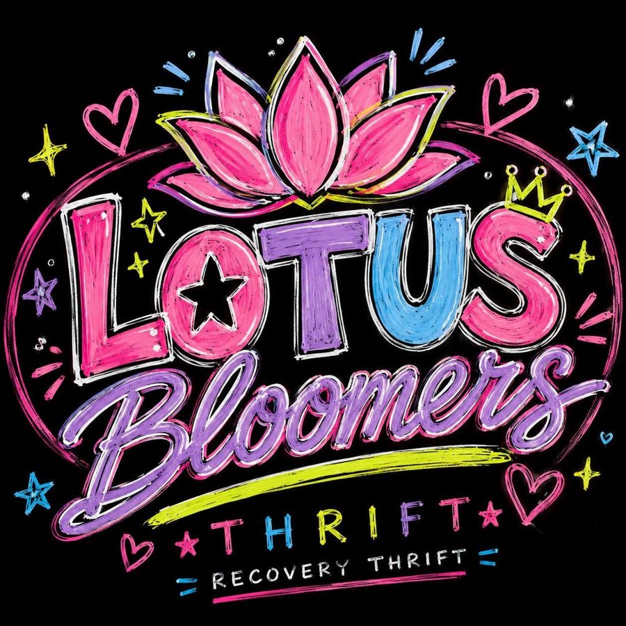 Lotus Bloomers Thrift logo: a pink lotus above the words Lotus Bloomers, Thrift, Recovery Thrift